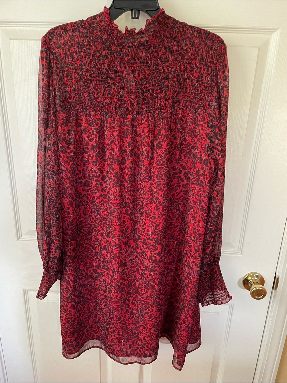 Sanctuary Size L Red Black Smocked Sheer Dress Lined Ruffle Boho Midi